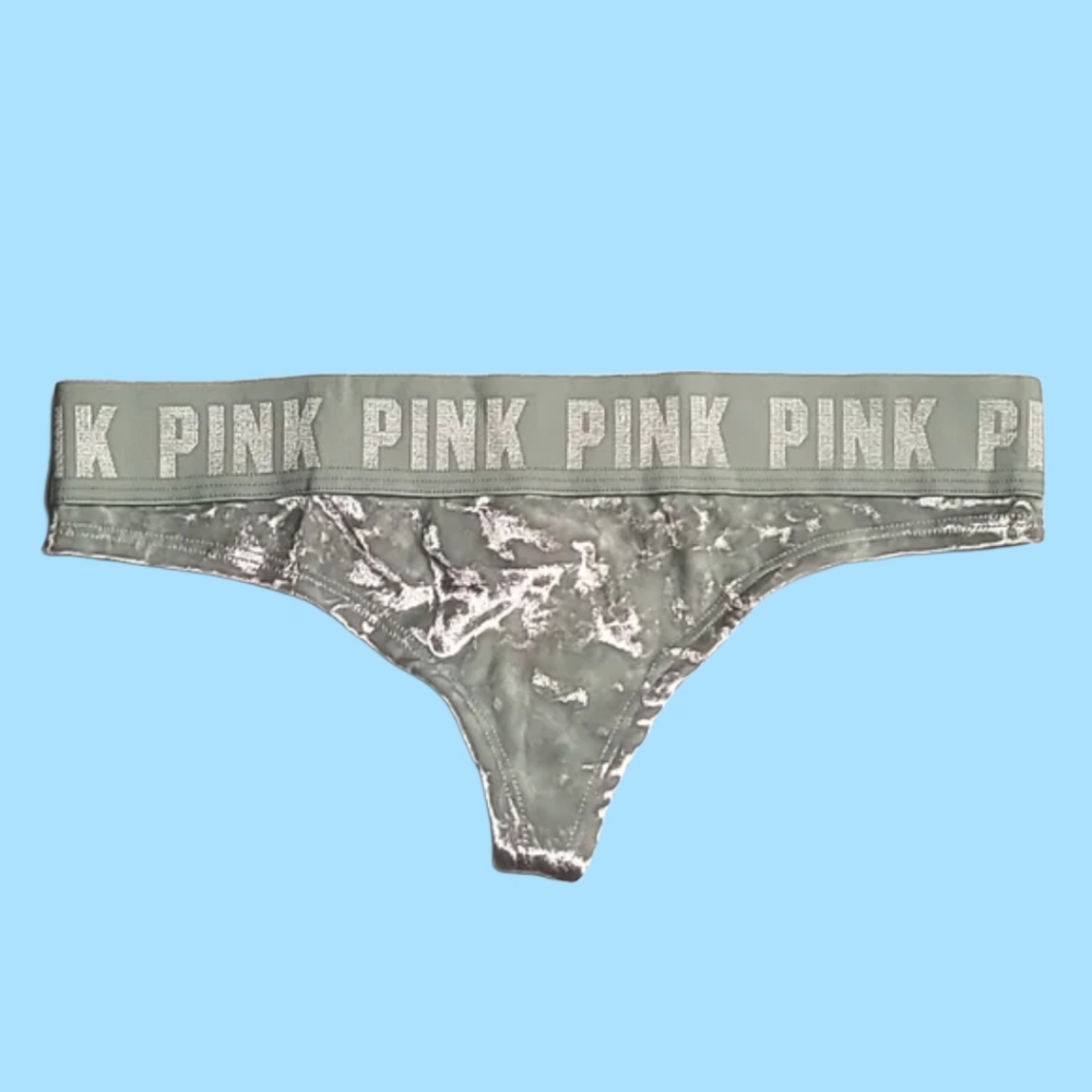 VS PINK Crushed Velvet Sage Mint Green Logo Thong